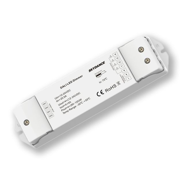 DALI DT6 4 Adressen PWM-Dimmer, 4 Kanal, 12-24V DC 4x5A, 36-48V DC 4x3A