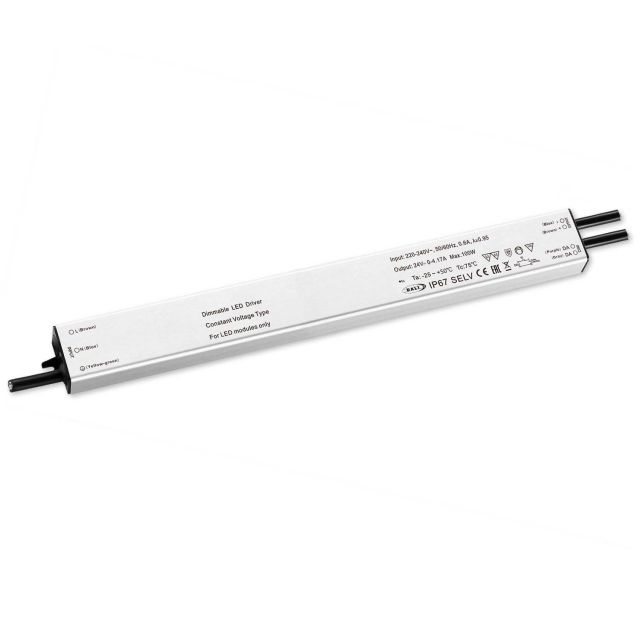 LED PWM-Trafo 24V/DC, 0-100W, Push/DALI-2 dimmbar, IP67, SELV, flach, ultraschmal