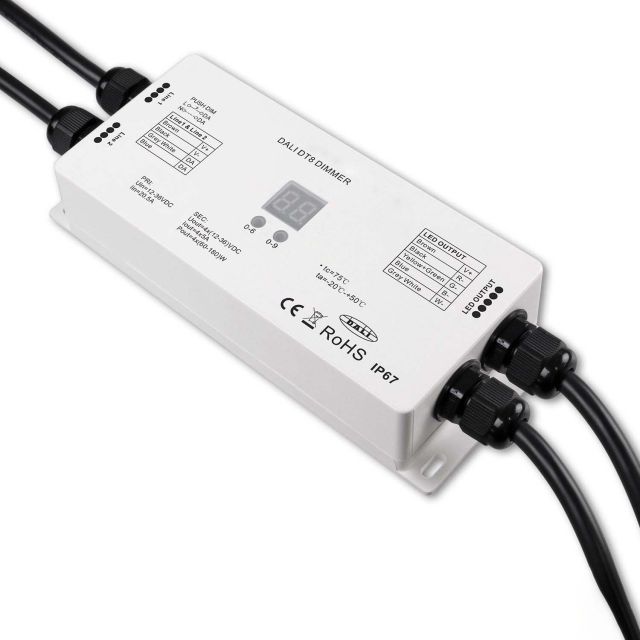 DALI DT8 1 Adresse Universal Push-Dim PWM-Dimmer IP67, 4 Kanal, 12-36V 4x5A, 48V 4x3A